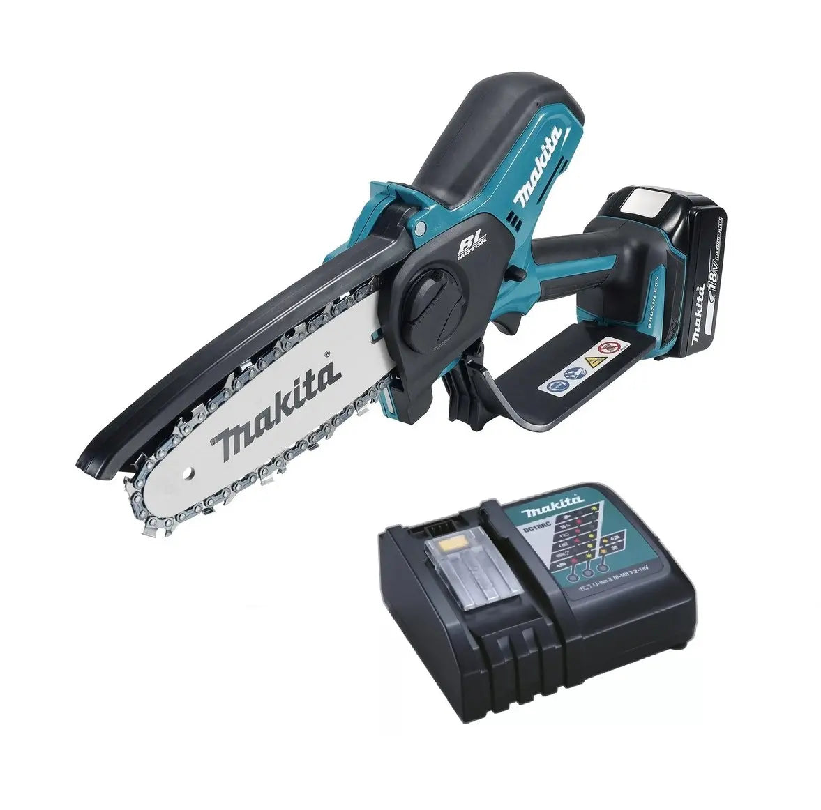 Makita - Motosega da potatura a batteria 18V 15 cm, 1 batteria Li-Ion da 5,0 Ah, caricabatterie